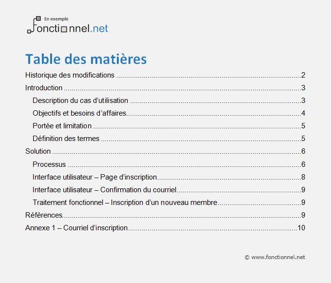 Exemple d'une table des matières d'un dossier fonctionnel